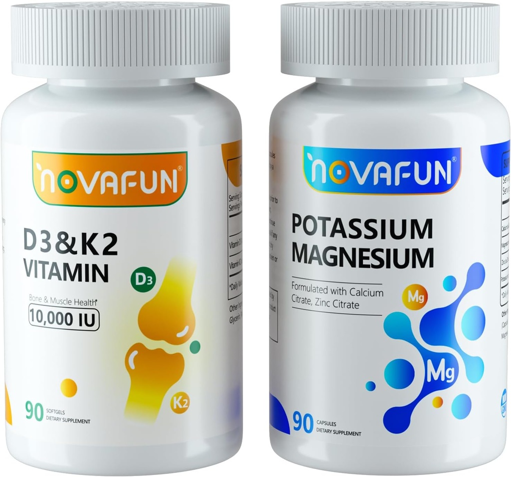 Potassium Magnesium עם Calcium Zinc & D3 K2 ויטמין תוספי Bundle עבור הלב, העצם, בריאות השרירים