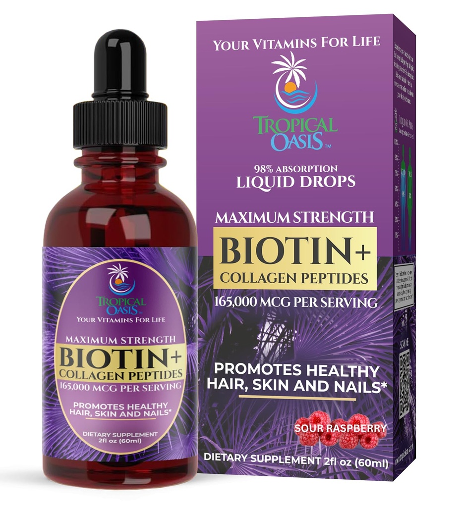 כוח מקסימלי 165,000mcg נוזל biotin & Collagen טיפות - ויטמינים עבור צמיחת שיער עבור נשים וגברים - תמיכה שיער בריא, עור רדיאנט וציפורים חזקות - 98% Absorption, non-GMO, 60 משרתים