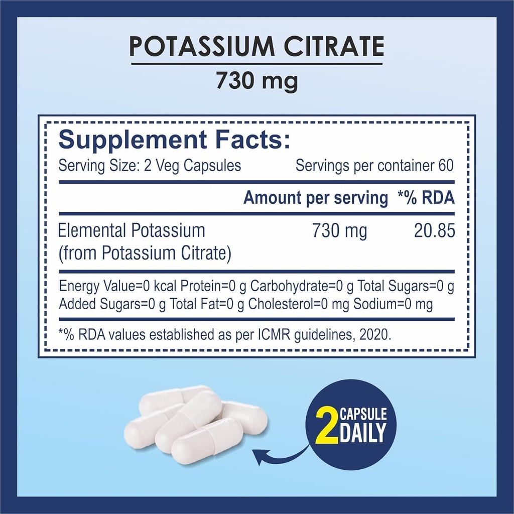 תוספי פוטאסום Citrate 730 מ"ג, תומך Kidney Function & בריאות השרירים - 120 קפסולות ירקות