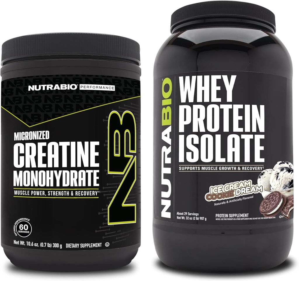 NutraBio Creatine Monohydrate, Unflavored, 300g ו Whey חלבון Isolate, Ice Cream Cookie חלום, תוסף Bundle - שריר אנרגיה, Lean Growth, Recovery, וחוזק