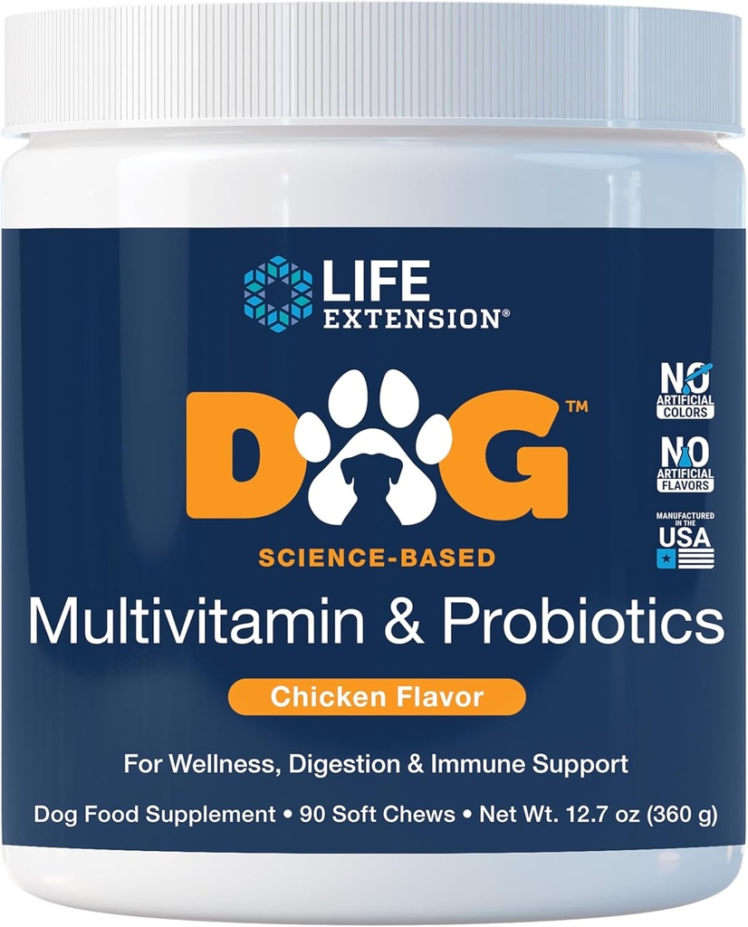 תוספי מזון לכלבים Multivitamin & Probiotics - תוספי מזון לכלבים עבור בריאות כללית, עיכול ותמיכה Immune - ויטמינים, תערובת פרוביוטית, Colostrum (Bovine) - 90 צ'יפס רך