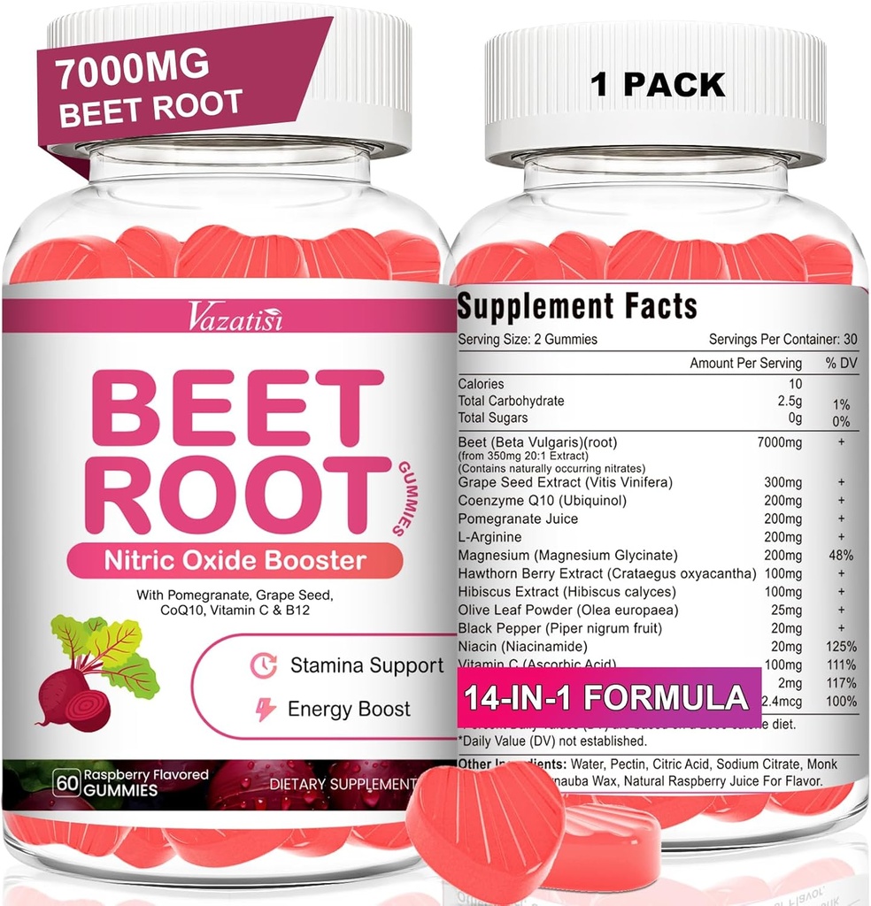 ביאט שורש חניכיים - Nitric Oxide Beet Gummies for Circulation Support, Nitric Oxide הפקה - עם Grape Seed, הותרן ברי, Hibiscus, אורגני, non-GMO, 60 מסטיקים
