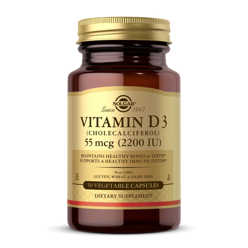 Solgar ויטמין D3 (Cholecalciferol) 55 mcg (2200 IU), 50 קפסולות ירקות - עוזר לשמור על עצמות בריאות ושיניים - תמיכה במערכת החיסון - Non-GMO, Gluten Free, חלב חינם, כשר - 50 משרתי חשמל - 50 לשרתים
