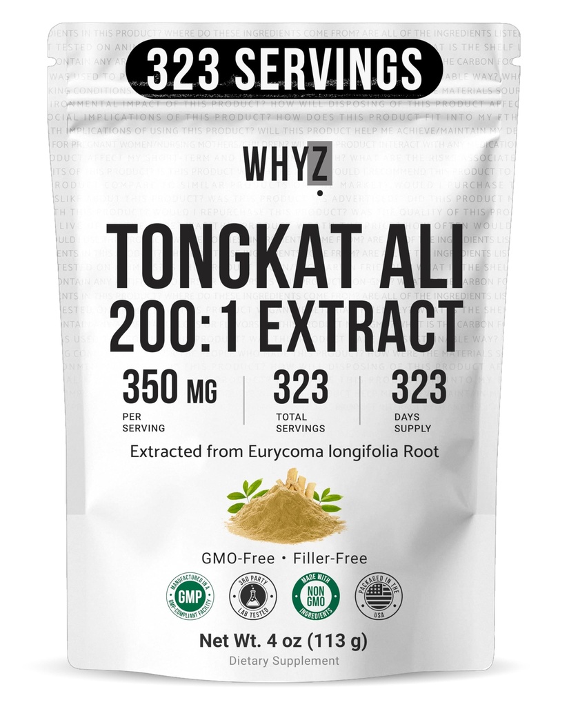 WHYZטונגקאט עלי אבקה 113g, Pure Longjack 200:1 לחלץ Eurycoma Longifolia אבקת תוסף עבור ביצועים פיזיים מוגברת ו- Well-Being, Longjack Tongkat Ali for Men and Women, 323 משרתים
