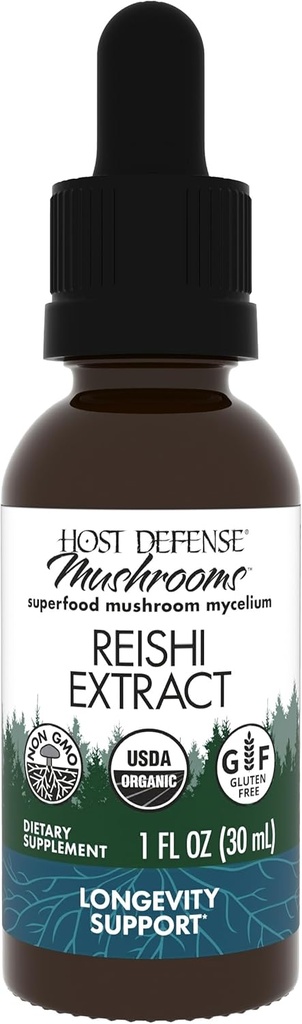 Host Defense Reishi Extract - Heart & Immune Health Support - תוסף Mushroom לתמיכה באנרגיה & Vitality - Reishi תוסף ל- Well-Being - 1 oz (30 משרתים)