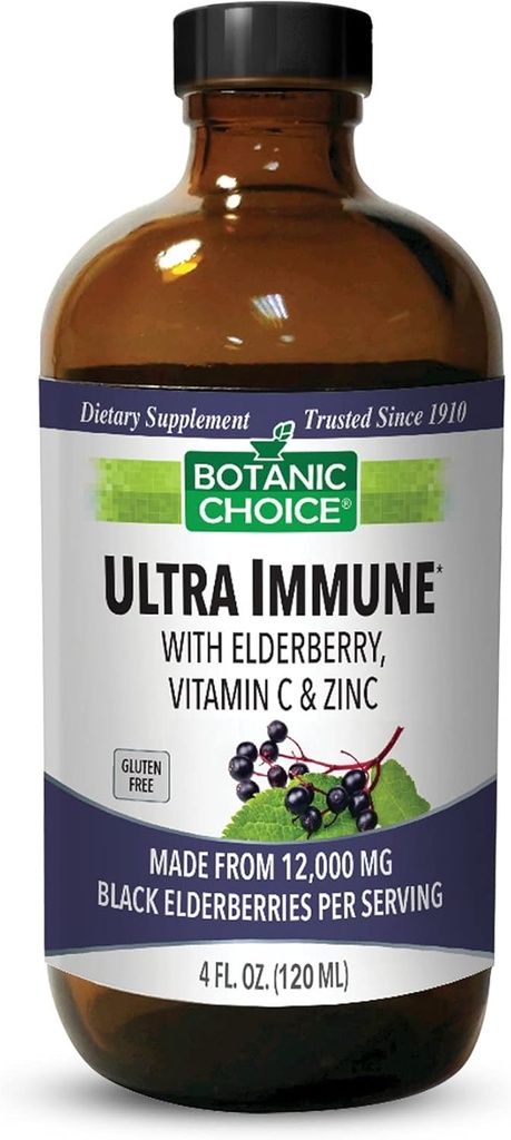בחירה בוטנית - Ultra Immune, מכילה את Elderberry עם Zinc ו ויטמין C, Black Elderberry סירופ למבוגרים וילדים, ויטמינים נוזליים לתמיכה Immune, 4 Oz