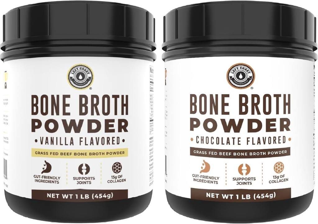 תחנת חלבון חוף שמאל Vanilla Bone Broth חלבון אבקת, 16oz + שוקולד העצם ברוקה חלבון 16oz