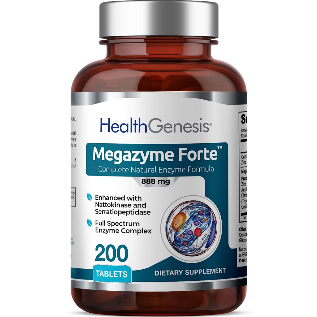 Megazyme Forte 200 טבליות - צמח טבעי Proteolytic Enzymes Nattozimes Serrazimes תומך במערכת הבריאות העיכול