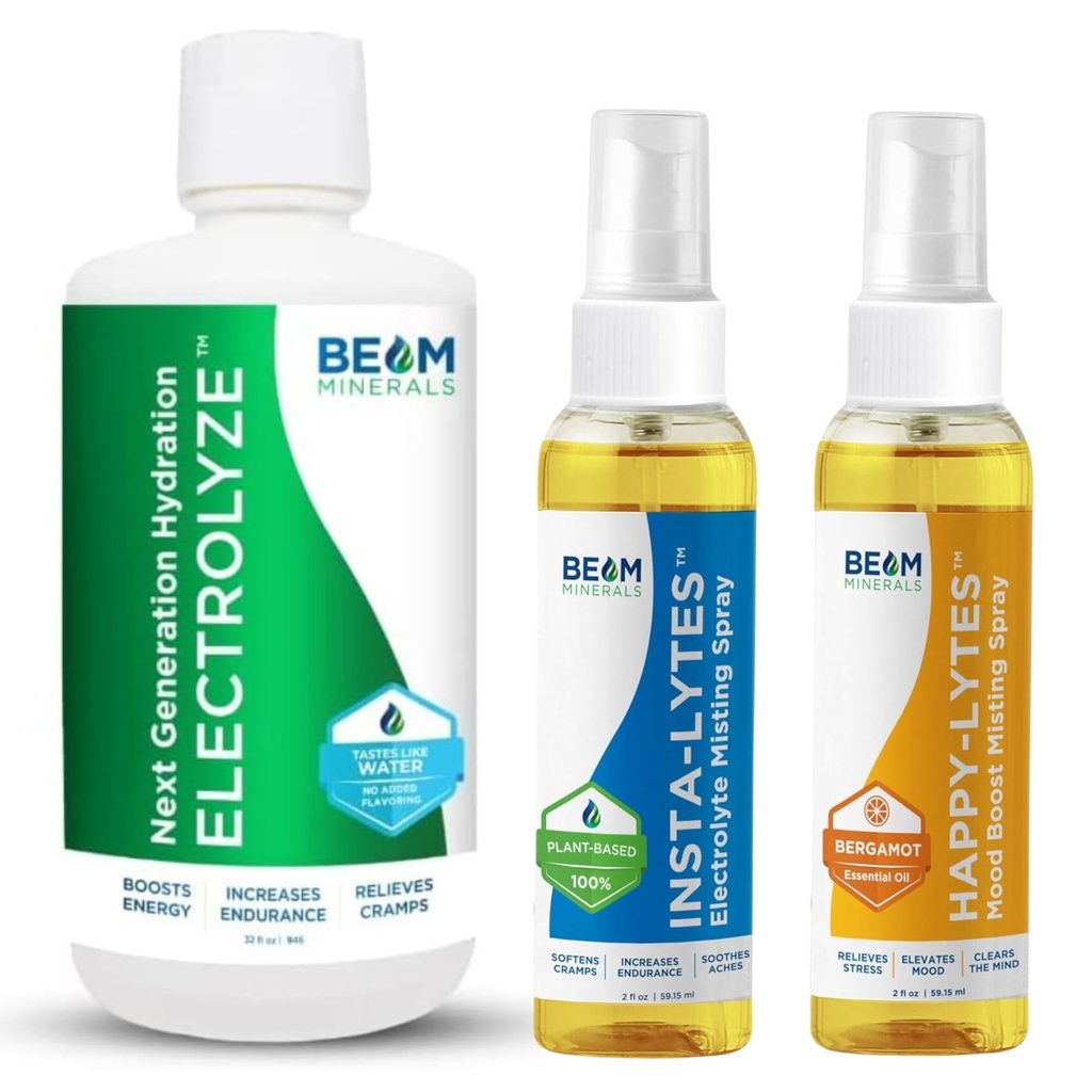 Beam מינרלים Electrolyte Imמאזן פתרון אלקטרוליזה ו-Insta-Lytes טבעי נוזלי אלקטרוליט 2oz ו Happy-Lytes Fulvic אלקטרוליט מערפל Spray 2oz