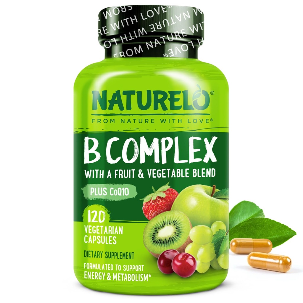 NATURELO ויטמין B Complex, 120 קפסולות, טבעוני, CoQ10, Methyl Folate, Biotin, Fruit & Veg, תומך באנרגיה ותגובה ללחץ בריא, ויטמין B מורכב עבור נשים וגברים