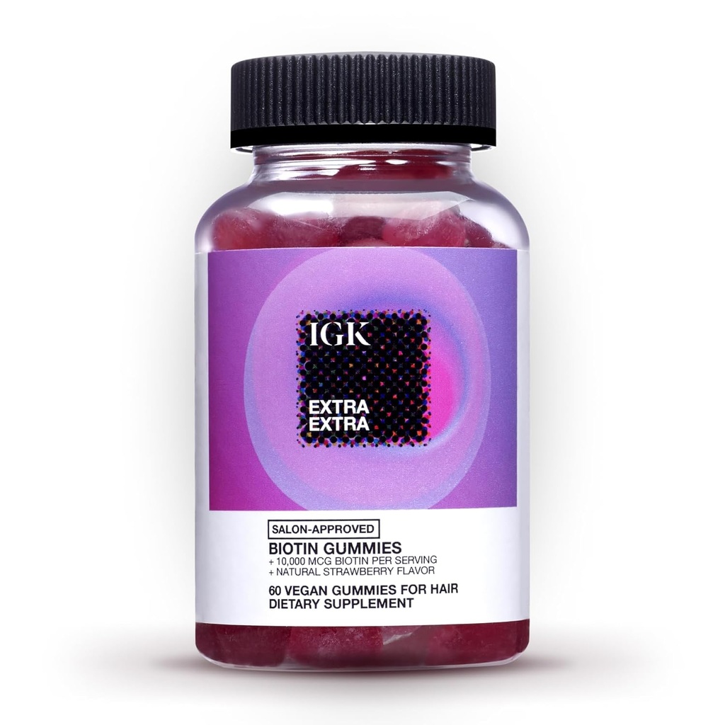 IGK Biotin Hair Gummies 10,000mcg Biotin (60 Count), Strawberry Flavored, Hair Growth Supplement Gummies for Healthy Hair, Skin & Nails, Vegan, Help Combat Hair Loss & Thinning