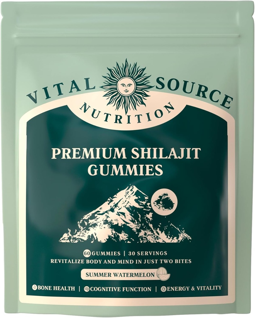 Vital Source Nutrition - Premium Shilajit Gummies - Bone, Brain, Energy & Vitality Support - ההימלאיה אורגני Shilajit - טבעוני, Gluten-Free & Halal - Summer Watermelon - 60 מסטיקנים - 30 משרתים