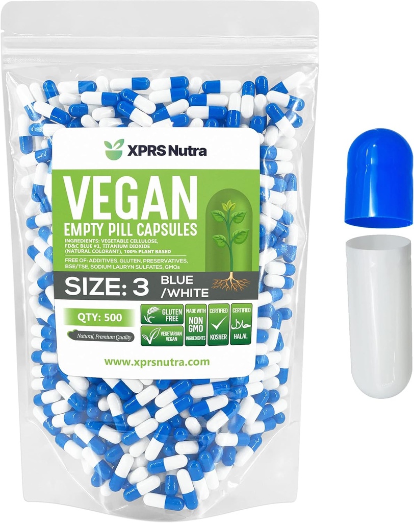 XPRS Nutra Size 3 קפסולות ריקות - 500 Count ריקה טבעוני קפסולות - גלולות צמחוניות - קפסולת ירקות DIY מילוי - Veggie Pill Caps (כחול / לבן)