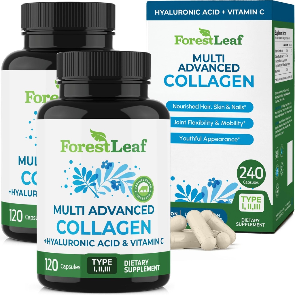 ForestLeaf Multi Collagen Pills with Hyaluronic Acid + ויטמין C | תוספי קולאזיד קולאזן לנשים או גברים | קפסולות מרובות קולגן פפטים לעור, Wrinkles, 240