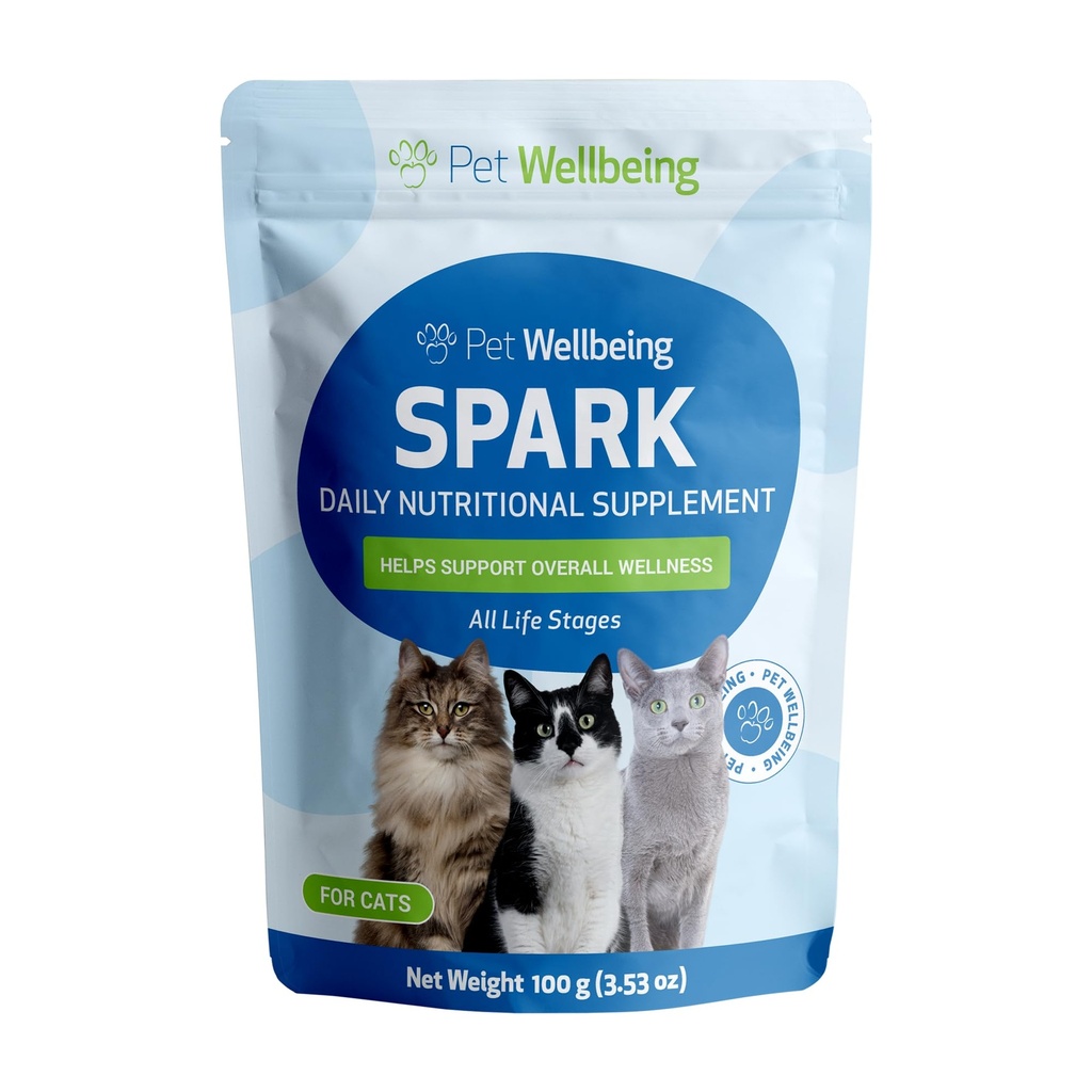 Pet WellBeing Spark Daily Nutritional Greens Superfood for Cats - Probiotics, Prebiotics, Enzymes, Amino Acids, Antioxidants, ויטמין D, Spirulina - Veterinarian-Formulated 3.53 oz (100 g)