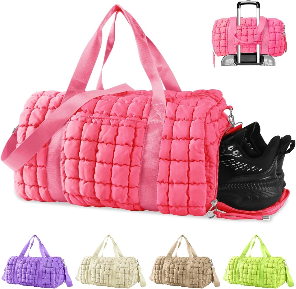 מסעדת Quilted Gym Bag Duffle לנשים, Duffle Bag עבור נסיעות עם נעליים השוואתיות,Puffer Weekender Bags Overnight לשאת על באג עם טרולי תאב עבור מטוסים, אישי Item Sports Duffel Dance Bag(Pink)