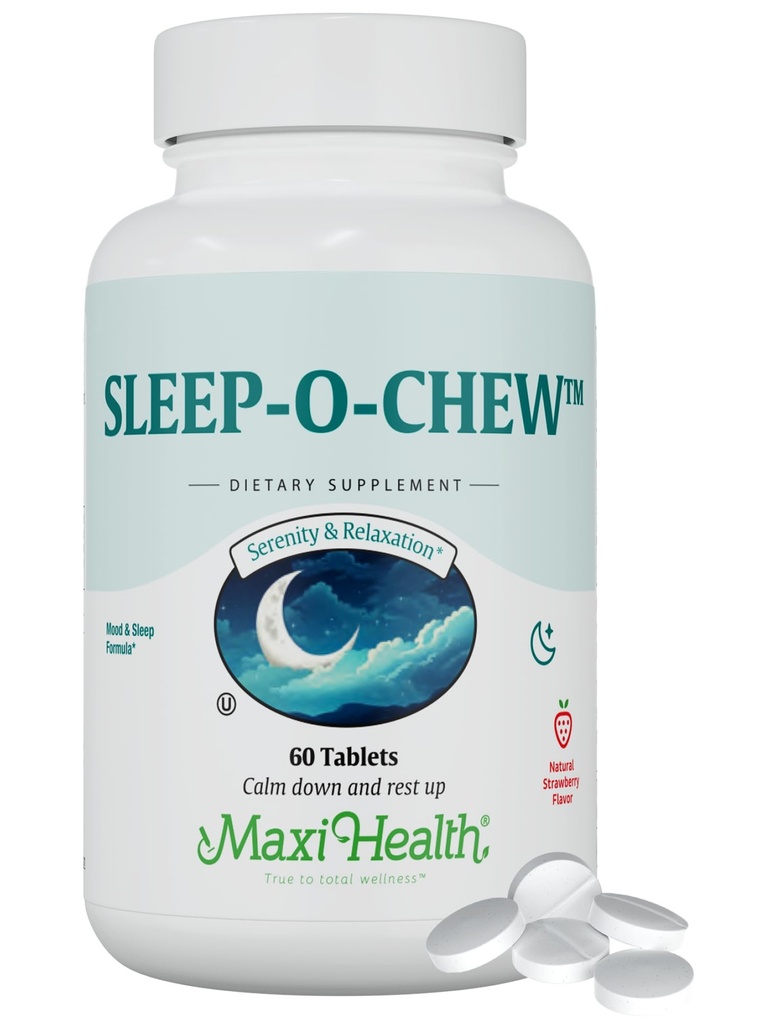 Maxi Health Sleep-O-Chew Strawberry Chewable Tablet עם Magnesium, Inositol, L-Tryptophan, 3 מ"ג מלטונין עבור תמיכה בשינה - לא הרגלים טפסים שינה עזרה למבוגרים, שינה כשרה, 60 הרוזן