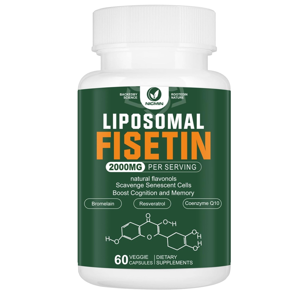 תוסף Liposomal Fisetin, 2000MG, 98% טהור Fisetin Polyphenols Antioxidants, עם Quercetin, TMG ו Resveratrol, עבור תמיכה קוגניטיבית בריאה, 60 קפסולות