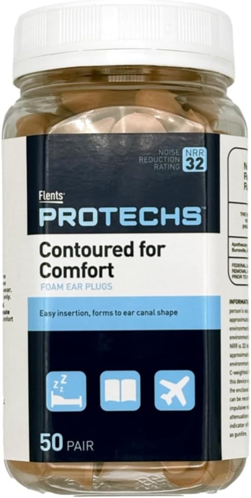Flents Protechs Disposable Foam Ear Plugs, Contoured for Comfort, אידיאלי עבור עבודה, Loud Noise, מכונות כבדות, בנייה, מחקר, ירי וטיול, NRR 32, Beige, קל לשימוש, 50 Pair Noise, 50