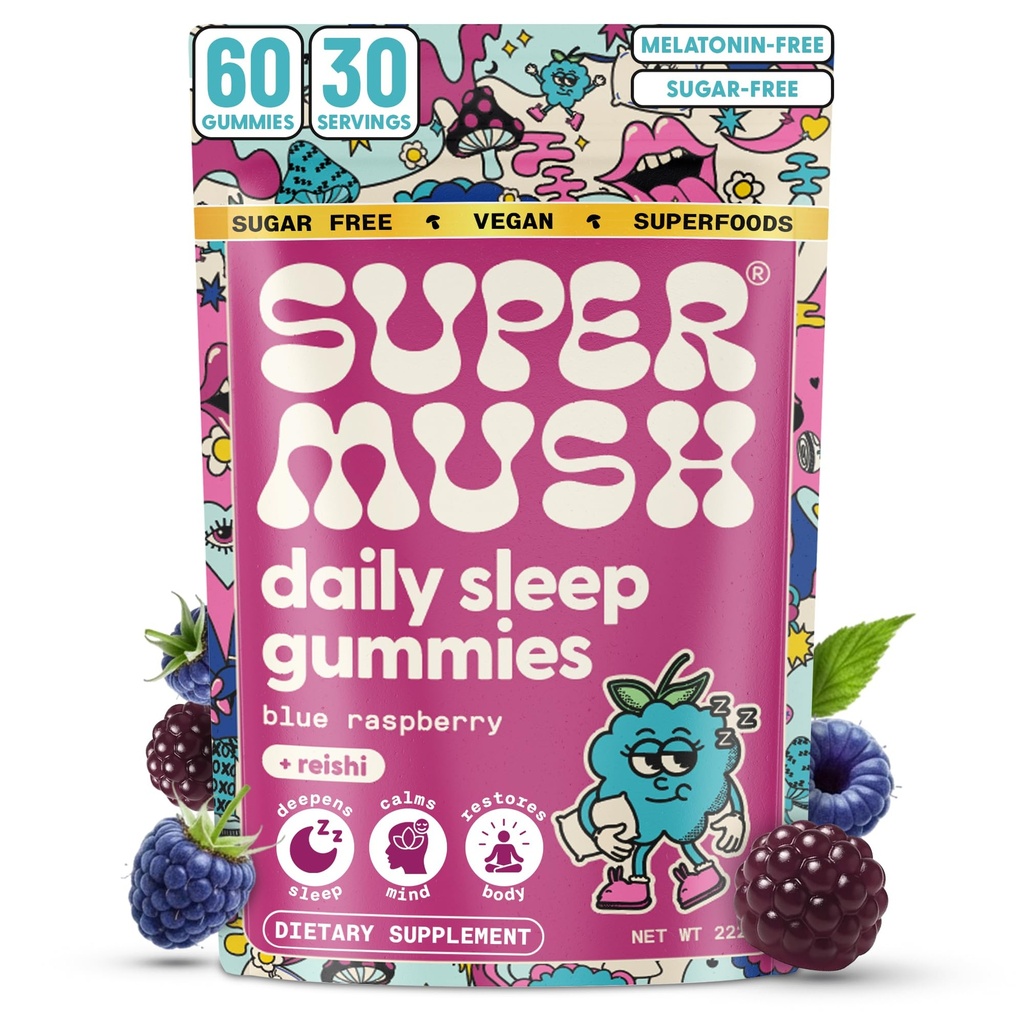 SuperMush Sleep Gummies for Adults - Mushroom תוסף עם Magnesium Citrate, L-theanine, Chaga, Reishi & Chamomile for Deep Sleep, REM & Detox - טבעוני & Sugar-Free - 60 מסטיקנים (30 משרתים)