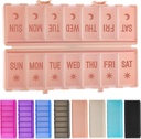 Foldable Pill מארגנת 2 פעמים ביום w/Etched Labels - Dual Protection & Portable Weekly AM Pill Box, 7 Day Medicine Container, Big Travel Pill Case for Week Supplement - Pink Pink Pink
