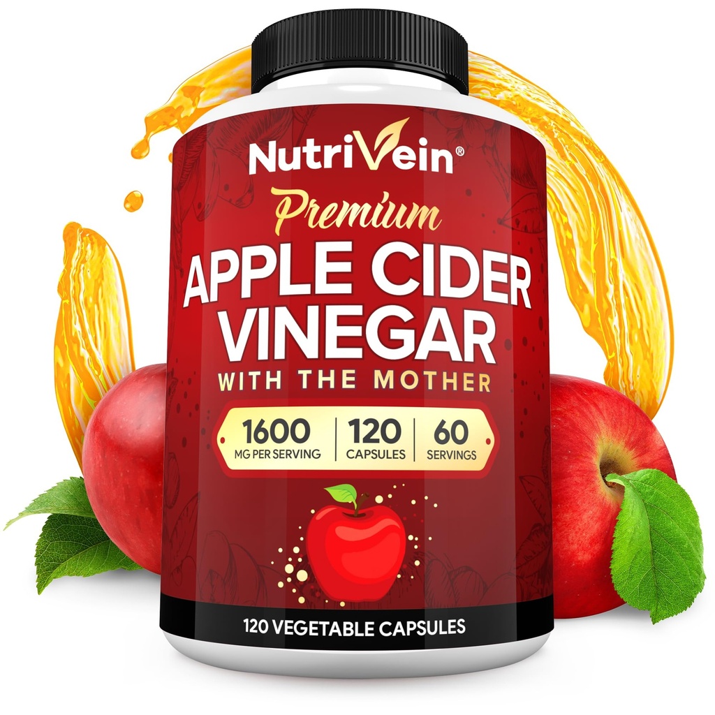 תוספי מזון מזינים Premium Apple Cider Vinegar עם אמא - 1600 מ"ג - 120 Apple Cider Vinegar כמוסות: ACV Pills for Digestion, Keto, ניקוי, ותזונה מאוזנת