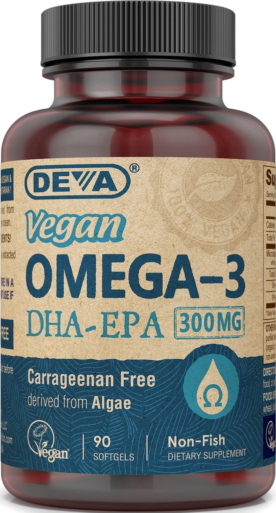 DEVA Vegan אומגה 3 DHA-EPA 300MG - No Carrageenan, Non-Fish Oil Derived מ Algae, Non-GMO, 90 Gelatin-Free Softgels