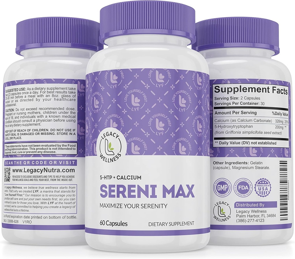 SERINI-MAX - 5-HTP Mood תומך תוסף + Calcium - תומך Calm & Peaceful State of Mind - Boost Serotonin, 5HTP 200 מ"ג עבור תוספי ניהול מתח ושינה - 60 קפסולות