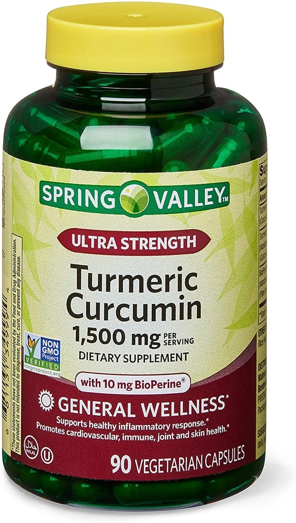 Spring Health 2 Set- Spring Valley Ultra-Strength Turmeric Curcumin 1500 מ"ג 90 קפסולות + מדריך ויטמין שלך, 1.0 Count