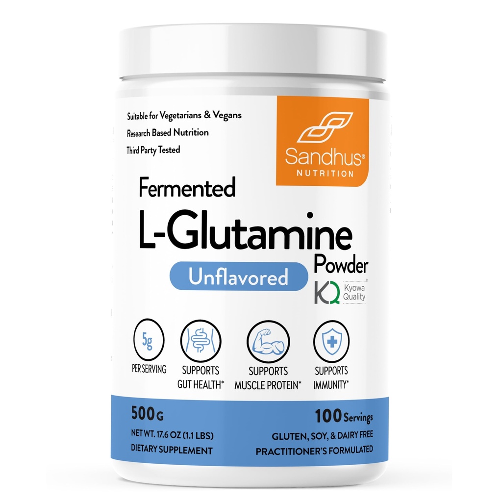 אבקת L-Glutamine של Sandhu | 100 משרתים, 500 דקדוק, 17.6 Oz., גודל גדול, 3 חודשים אספקת תוצרת ארה"ב | Non-GMO, Amino Acid for שריר תמיכה ו- Gut Health