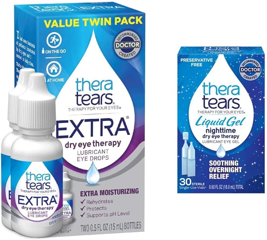 TheraTears תוספת טיפול עיניים יבש Lubricating טיפות עיניים לעיניים יבשות, 0.5 fl oz בקבוק, 2 Count(Pack של 1) & נוזל גלי הלילה Lubricating טיפות עיניים עבור עיניים יבשות, Single-Use Vials, 30 ספירה