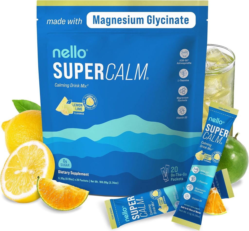 Nello Supercalm Drink - Ashwagandha KSM 66, Magnesium Glycinate & L-theanine תוסף, ויטמין D3 - Ashwagandha Root Extract - Focus andlaxance Support (20 חבילות נסיעות) - לימון Lime Lime Lime Lime Lime Lime Lime Lime Lime