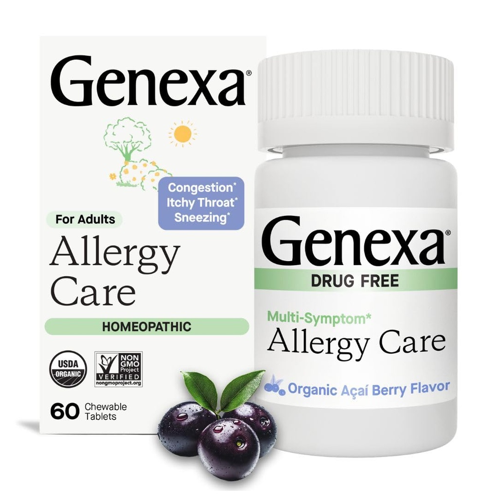 Genexa Allergy Care | Drug Free, non-Drowsy Allergy & Decongestant Remedy for Adults - טבעוני & Non-GMO | Homeopathic Allergy הקלה תוצרת נקייה | אורגני Acai Brador | 60 טבליות צ'וגבל