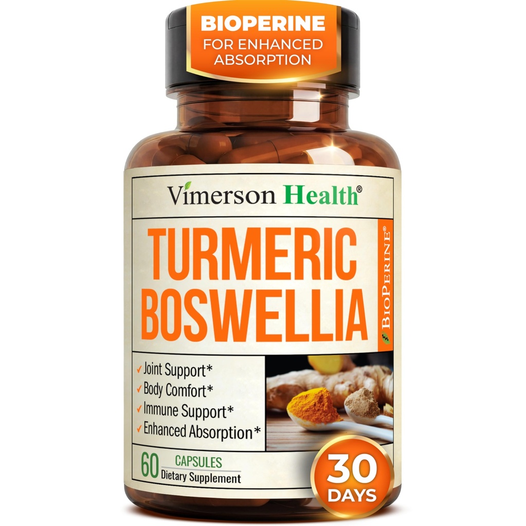 Boswellia Serrata Turmeric תוספת לתמיכה משותפת ו- Inflammation Balance - Turmeric Boswellia תוספת עם ג'ינג'ר & Black Pepper לחלץ עבור Absorption משופרת - Non-GMO - 60 קפסולות
