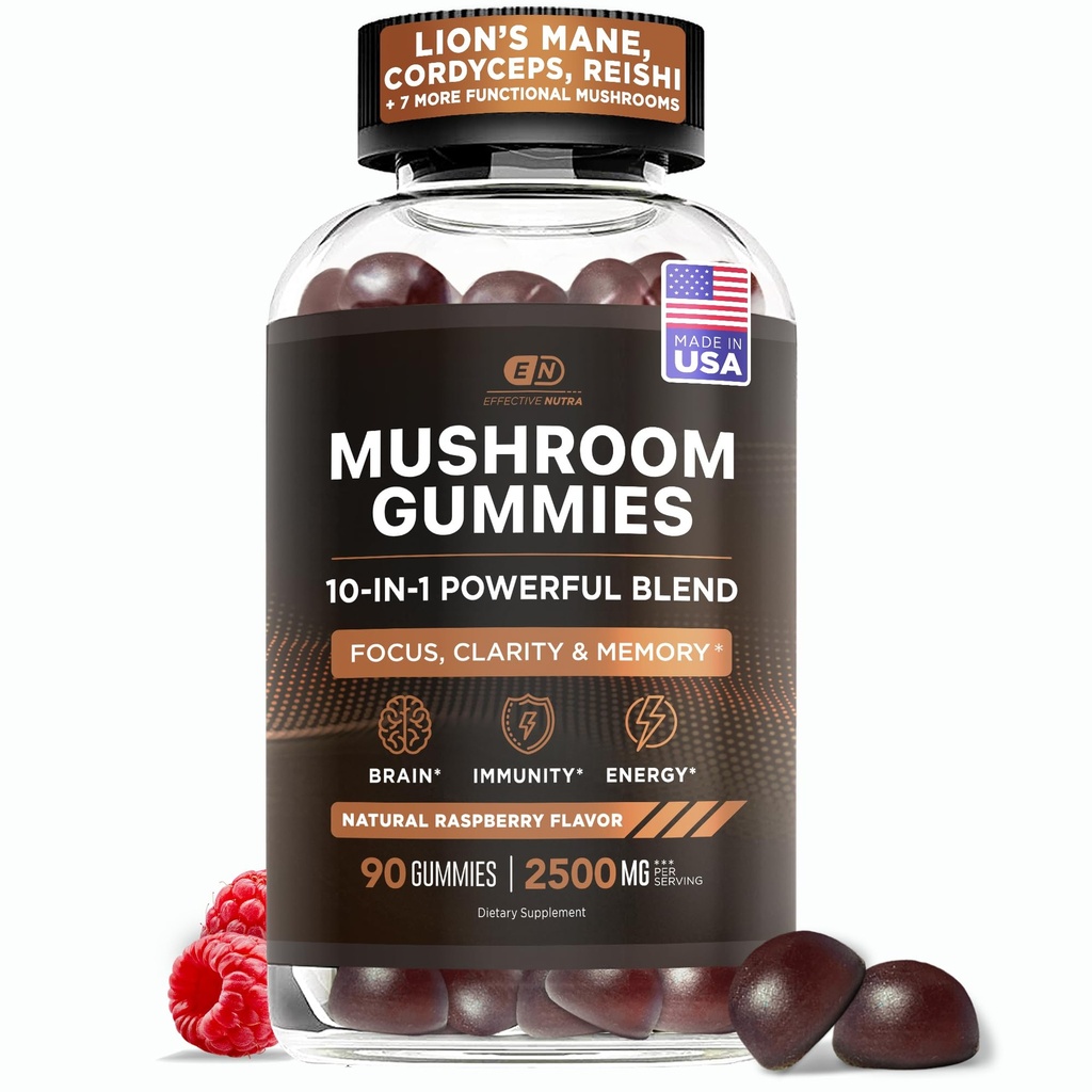 Nutra Mushroom Gummies 2,500 מ"ג - 10in1 Lion's Mane, Reishi, Chaga, Cordyceps & More - Focus, Clarity, Memory, Immunity, Energy - Natural Raspberry Flavor, טבעוני, Made in USA (90 Count)
