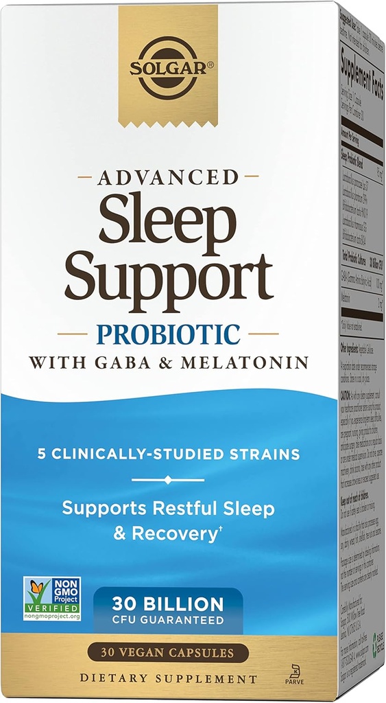Solgar Advanced Sleep Support Probiotic with GABA & Melatonin, 30 קפסולות טבעוניות - 30 מיליארד CFU - 5 קלינית-Studied Strains - תמיכה בשינה ושיקום - Non-GMO & טבעוני, 30 משרתים