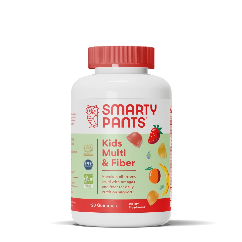 SmartyPants Kids Multivitamin Gummies ותוסף סיבים: ויטמין D3, C, ויטמין B12, B6, A, Zinc, biotin, Inositol, סיבים מסטיקים, שלושה פירות פלאטורים, 120 Count (30 יום אספקה)