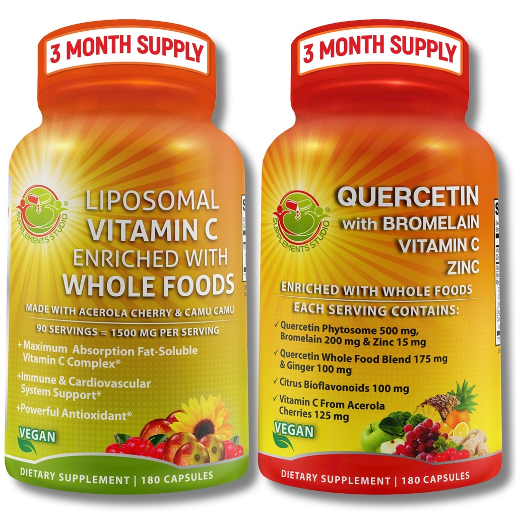 Quercetin עם Bromelain, ויטמין C & Zinc + Liposomal ויטמין C 1500 מ"ג - Immune Support Bundle עם אורגני Acerola Cherry, Camu Camu & Citrus Bioflavanoids - טבעוני, non-GMO, תמיכה בריאות נקייה