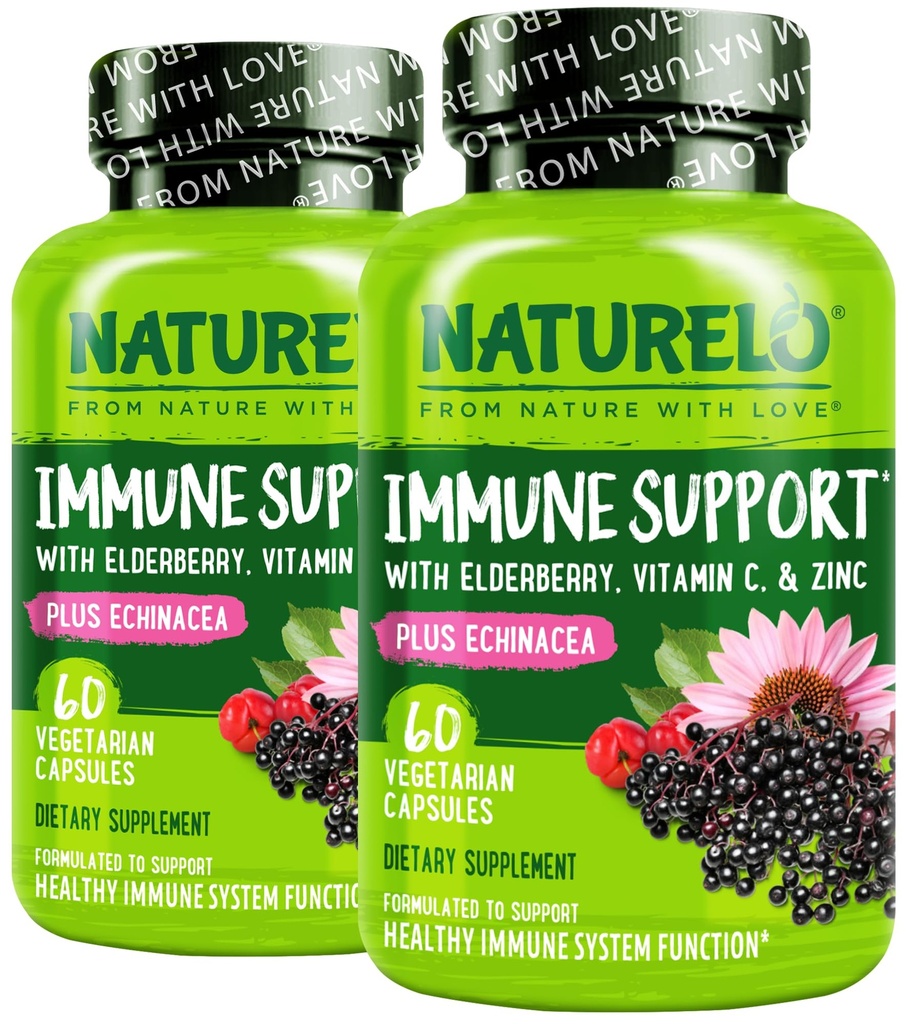 NATURELO Immune תומך ויטמין C, Elderberry, Zinc, Echinacea Natural Immunity Boost w/Antioxidant, Herbal & מינרלים Defense - 60 קפסולות טבעוניות (Pack of 2)