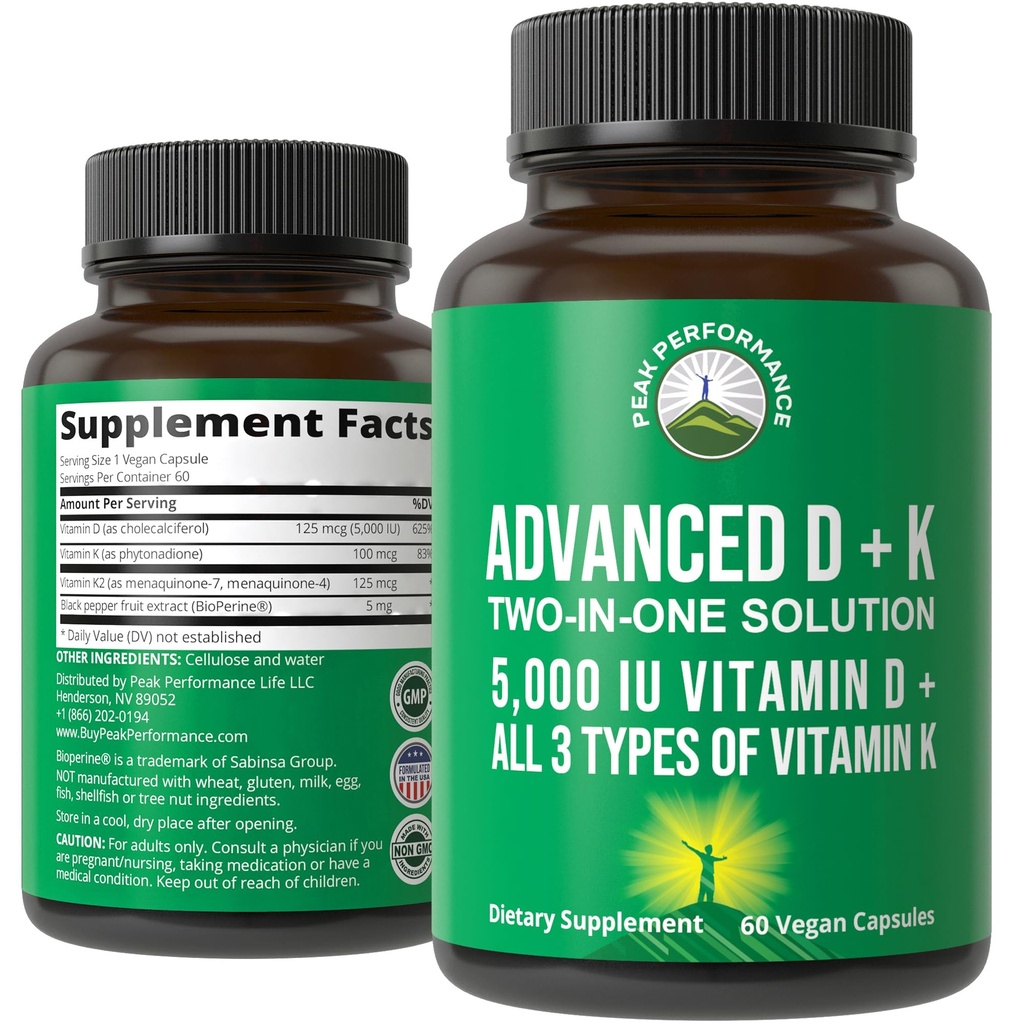 Peak Performance Advanced Vitamin D 5000 IU with All 3 Types of Vitamin K Vitamin D3 and Vitamin K2, K1, MK-7 (MK7), MK4 Supplement - 60 Small and Easy to Swallow Vegetable Pills