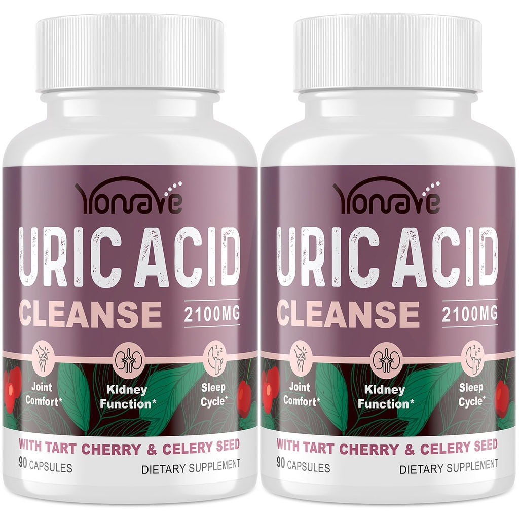 Uric Acid ניקויse & Detox עם Tart Cherry, Celery Seed Uric Acid תוסף - Uric Acid Levels, Joint, Kidney ושינה - 90 Veggie קפסולות (2 בקבוק)