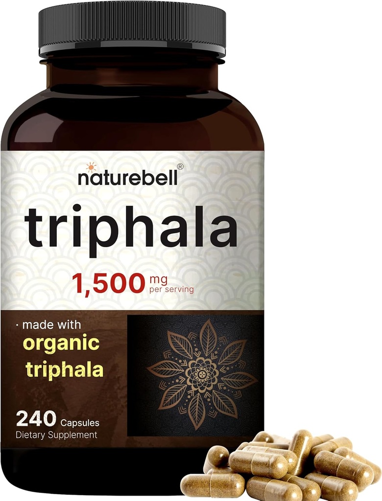 NatureBell Triphala קפסולות תוסף, 1500 מ"ג Per Serve | Made with Organic Amla, Bibhitaki, Haritaki פירות אבקת - תומך בבריאות העיכול - כוח כפול, non-GMO