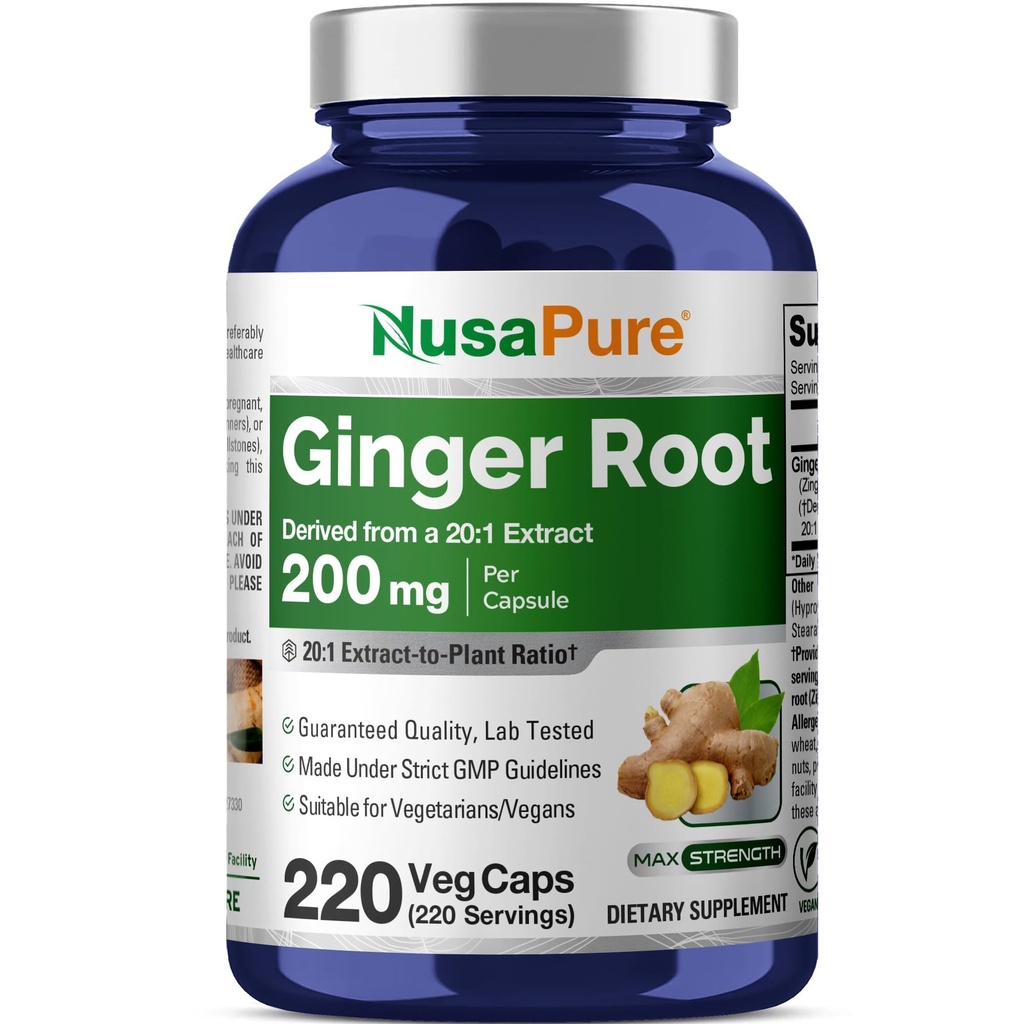 NusaPure ג'ינג'ר Root כמוסות 20:1, 200 מ"ג שווה ל-4,000 מ"ג ל- Veggie Caps