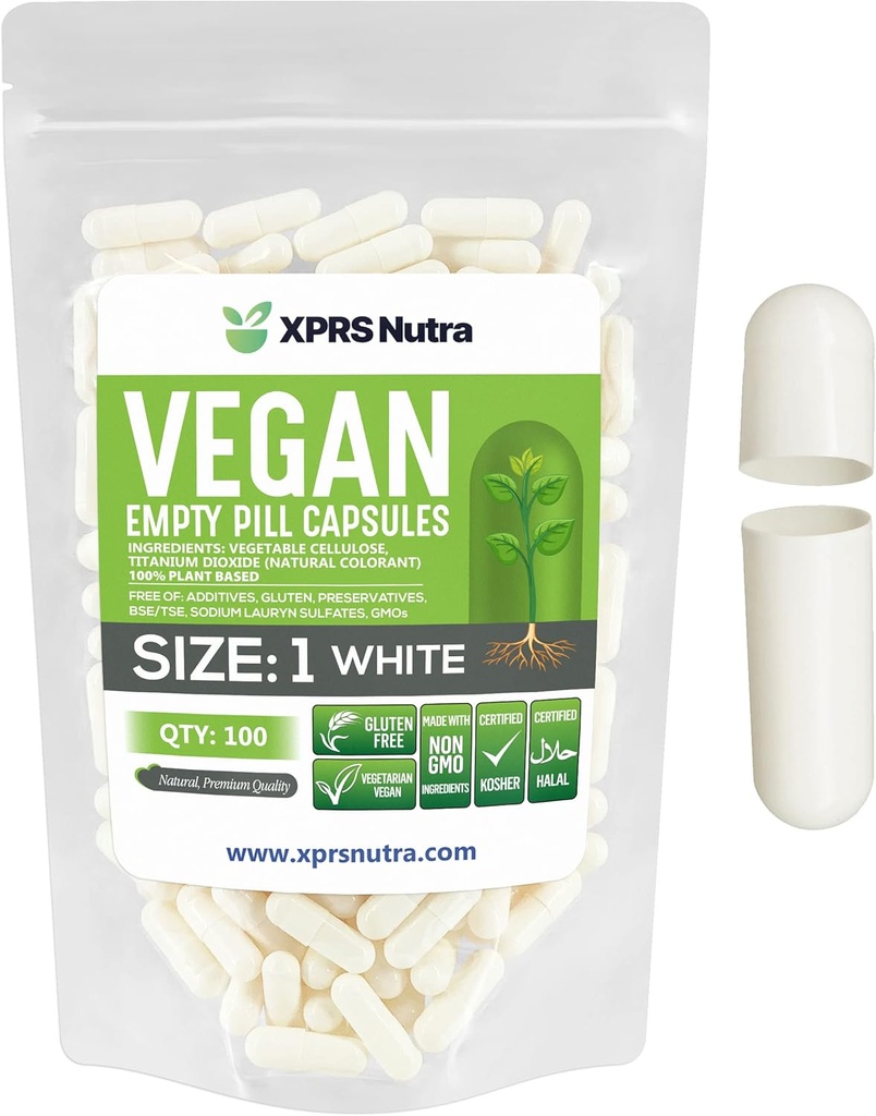 XPRS Nutra Size 1 קפסולות ריקות - 100 קפסולות טבעוניות ריקות ספירה - גלולות צמחוניות - קפסולת ירקות DIY מילוי וggie Pill Caps עבור Do-It-Yourselfs (לבן)