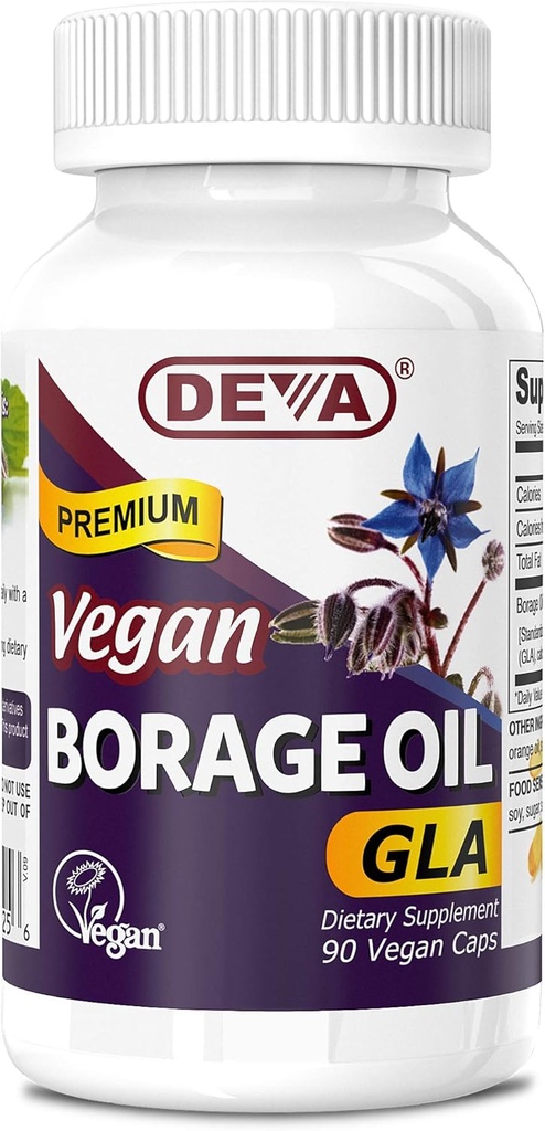 Deva טבעוני ויטמינים, Borage Oil 500 מ"ג, מקור עשיר של אומגה 6 Fatty Acid GLA (Gamma linolenic Acid), Cold-Pressed & Unrefined, 90 טבליות, 1-Pack