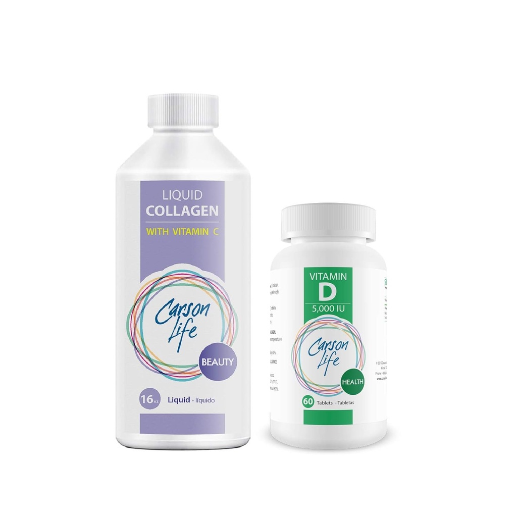 CarSON Life - נוזל קולגן עם ויטמין C 1 בקבוק, 16 Oz Bundle עם ויטמין D תוסף 1 בקבוק, 10,000 IU, 60 טבליות עבור שרירים חזקים, עצמות, שיניים, אנטי Aging, שיער עור וציפורים