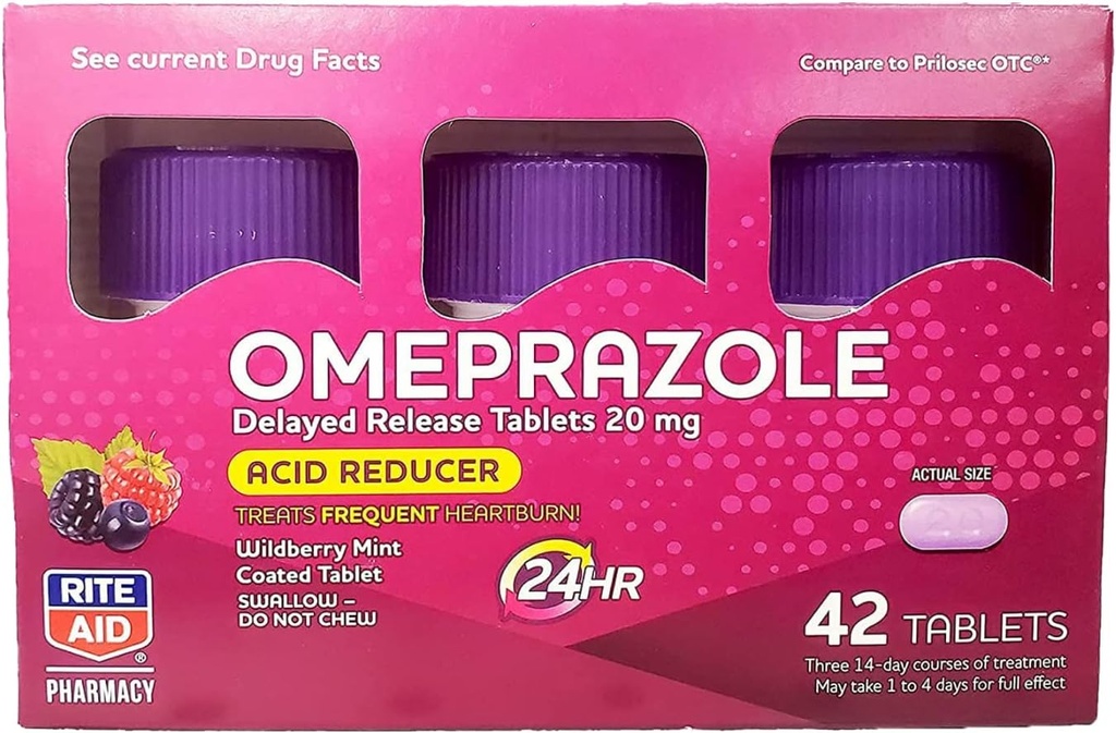 Rite Aid Acid מופחתr Omeprazole נדחה טבליות - 20 מ"ג, 3 בקבוקים, 14 Count Each (5) ספירה שלמה, Wildberry Mint Flavor, Heartburn Medicine, Heartburn Medicine, Treats Frequent Heartburn Heartburn
