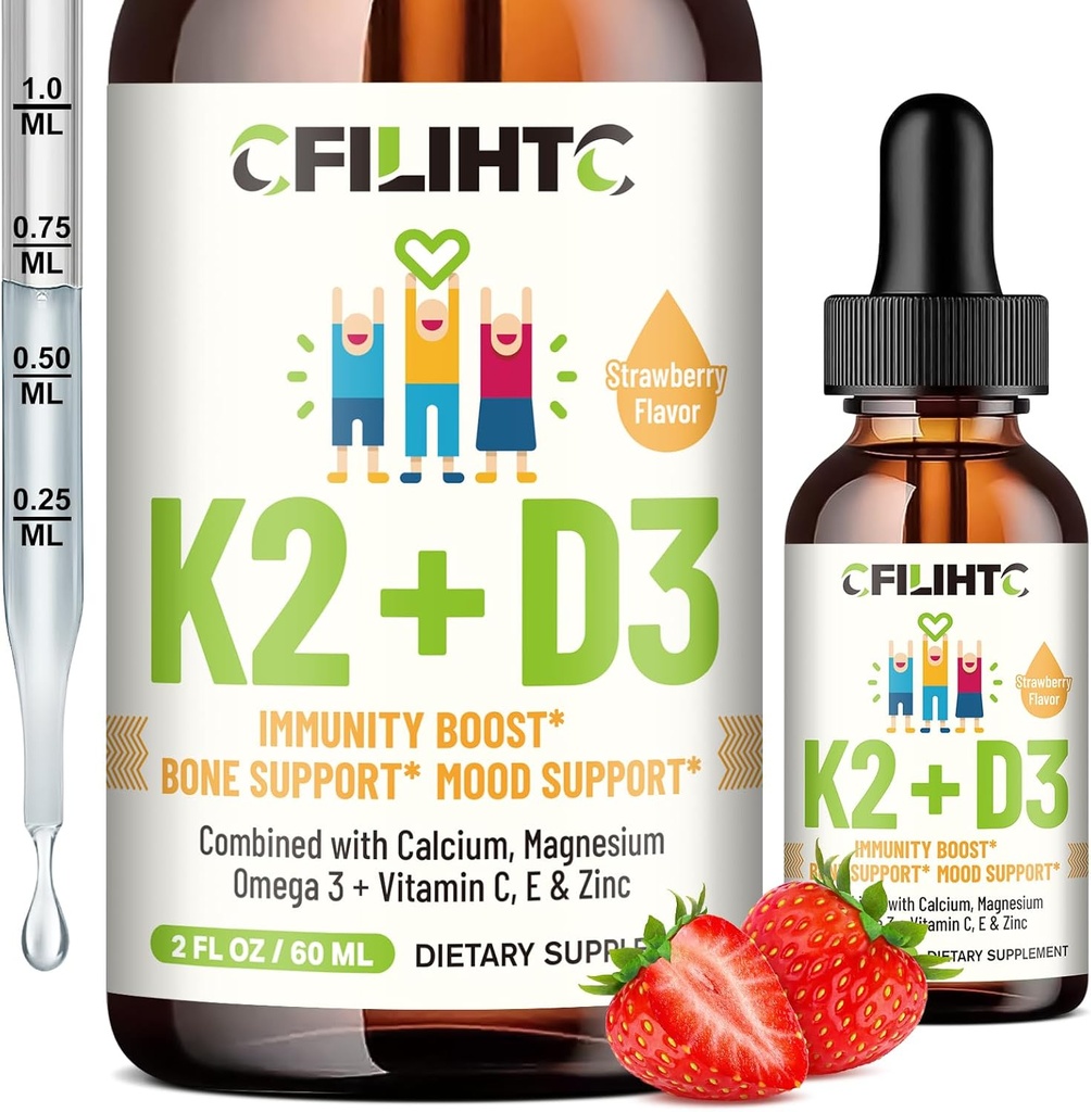 ויטמין D3 K2 טיפות לילדים - אומגה 3, ויטמין E, Calcium, Magnesium & Zinc for Better Absorption - MK7 1000 IU D3 עבור עצמות בריאות, שיניים ותמיכה לב - non-GMO, 2 Fl Oz Oz