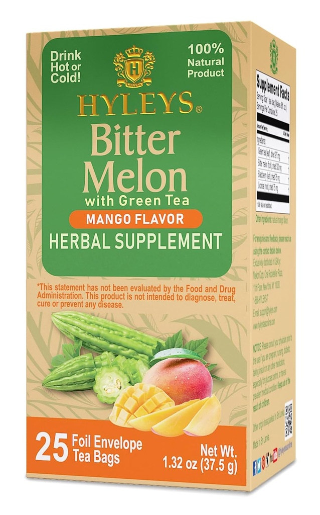 Hyleys Bitter Melon עם תה ירוק - מנגו פלמור - 25 Tea Bags - תומך בתפקוד Liver בריא - תוסף צמחי (6 Pack - 150 Tea Bags Total)