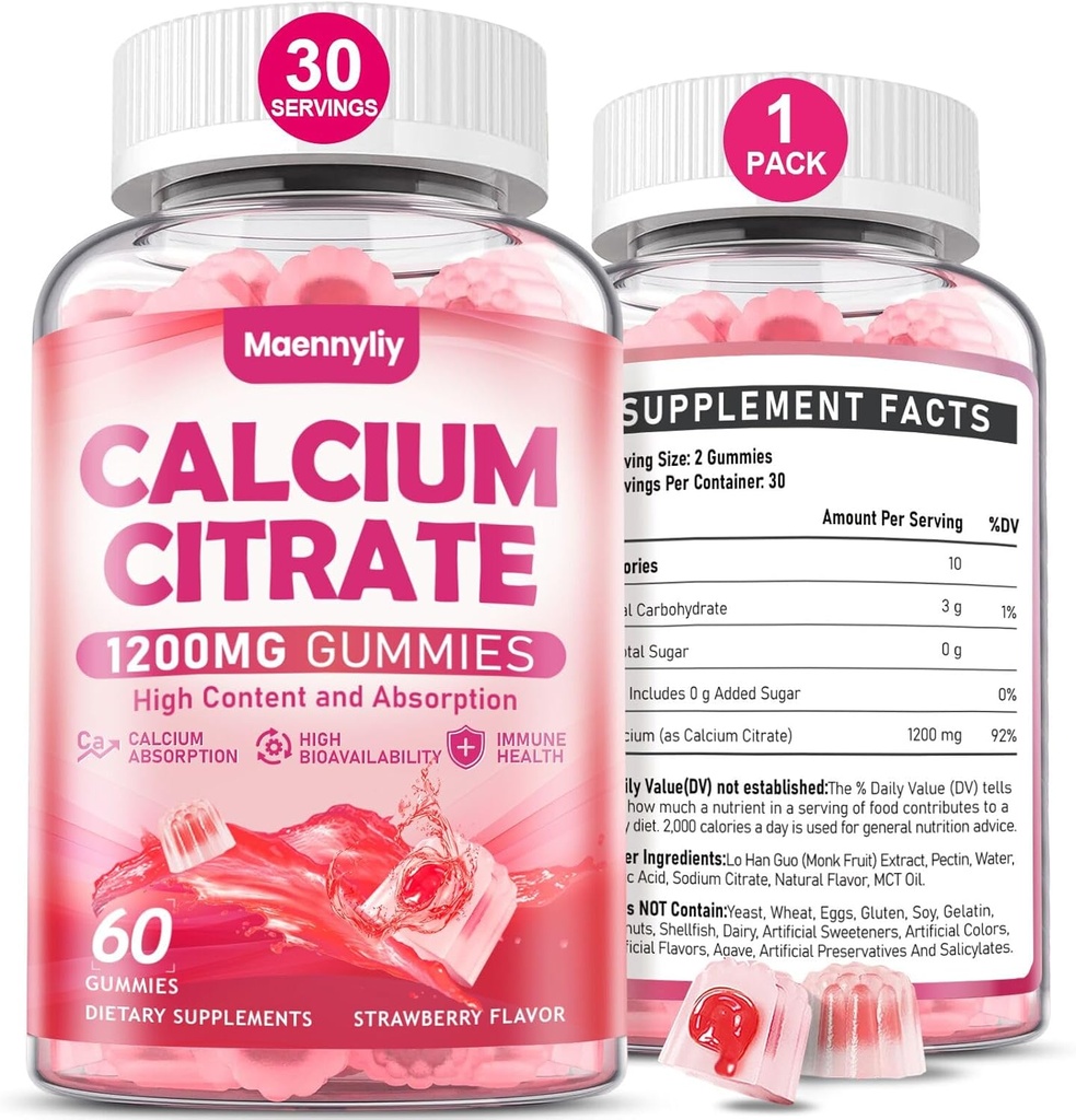 Calcium Citrate Gummies 1200 מ"ג למבוגרים: תוספת אופטימלית Calcium עבור נשים וגברים - Easy to Digest, טבעוני, non-GMO, Gluten Free - Natural Strawberry Flavoror